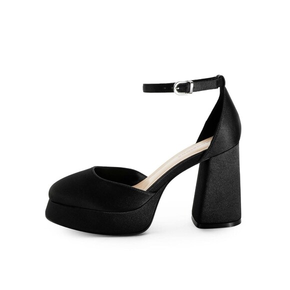 Modatope Women’s Black Satin Platform Chunky Block Heel Platform Pump Size 8 - Picture 1 of 8